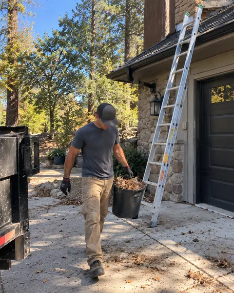 A crew member carrying a bucket of pine needles past a ladder to the work trailer