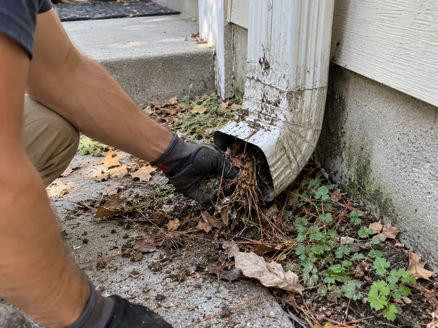 A gloved hand pulling packed needles and leaves out of the bottom of a white downspout